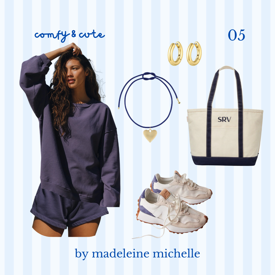 the college class outfit guide | comfy & cute! daily drills set, loungwear, sweat set, hart necklace, charm necklace, cord necklace, new balance, hoop earrings, casual outfit, errands outfit, boat tote 

 #LTKSeasonal #LTKFindsUnder50 #LTKStyleTip