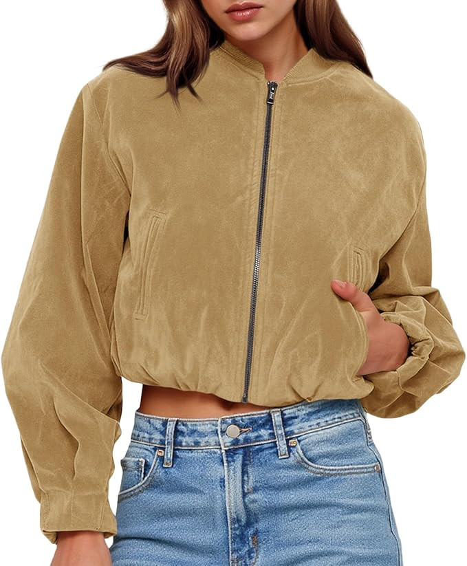 Tankaneo Womens Faux Suede Bomber Jackets Cropped Trendy Casual Zip Up Lightweight Coats Oversize... | Amazon (US)