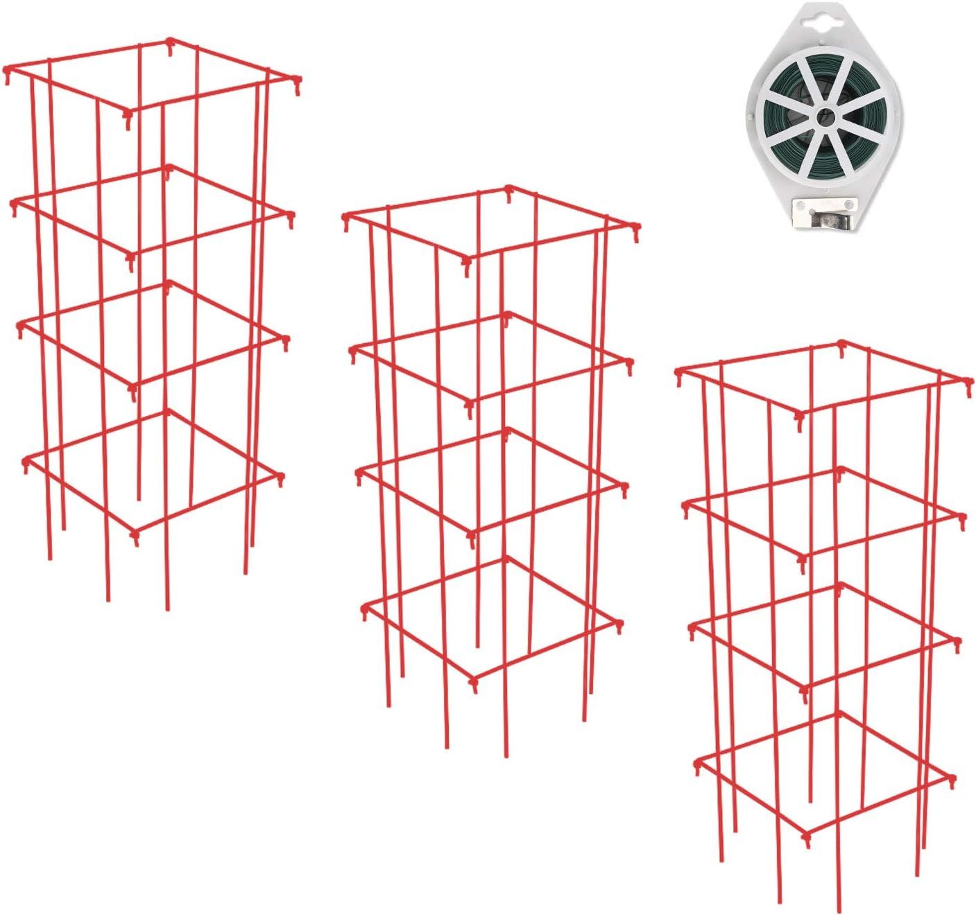 GROWNEER 3 Packs 39 Inches Red Square Folding Tomato Cages Plant Support Stake Tower with 328 Fee... | Amazon (US)