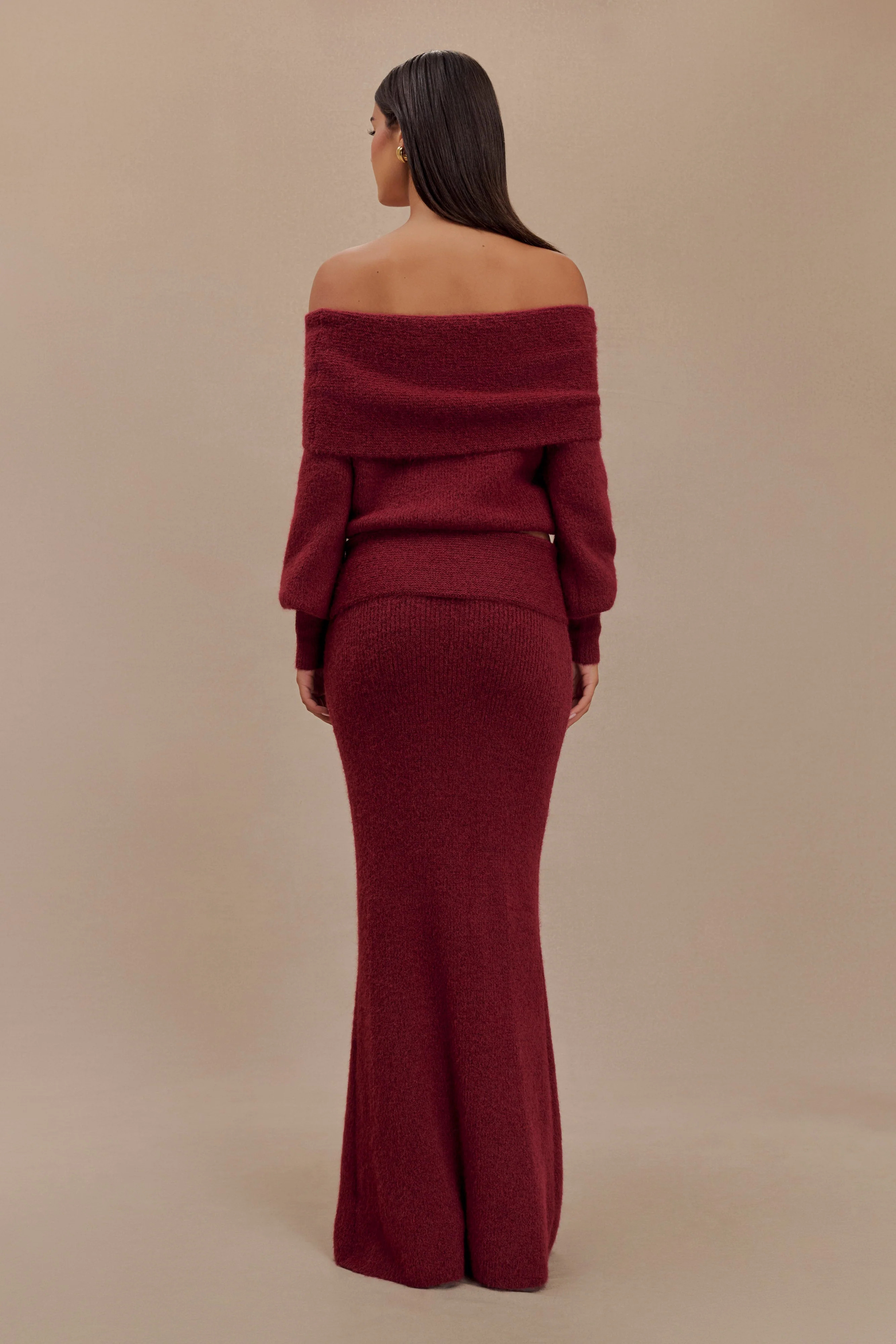 Charlotte Knit Maxi Skirt With Overlay - Merlot | MESHKI US