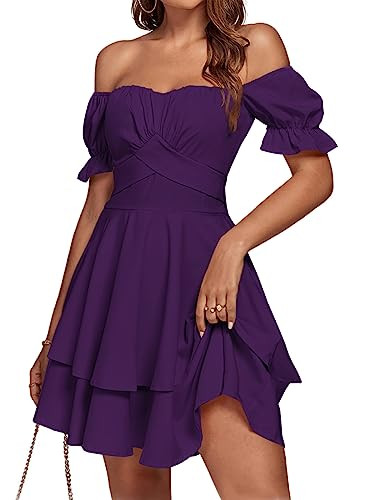 LYANER Women's Tie Back Off Shoulder Wrap Layer Ruffle A Line Short Sleeve Casual Mini Dress Blue... | Amazon (US)