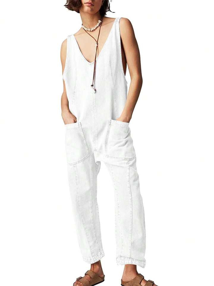 BZB Women's Denim Overall Jumpsuits Sleeveless V Neck Adjustable Straps Jeans Long Pants Rompers ... | SHEIN