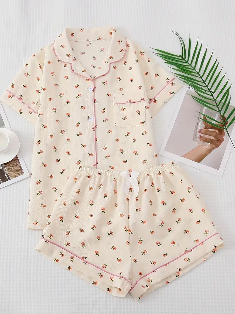Floral Print Pajama Set Short Sleeve Lapel Buttons Top Bow - Temu | Temu Affiliate Program