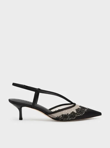 Black Textured Satin Embroidered-Mesh Slingback Kitten Heels | CHARLES & KEITH | Charles & Keith US