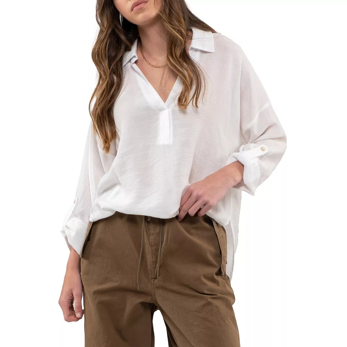 August Sky Women's Collared Split Neck Long Sleeve Top | Kohl's