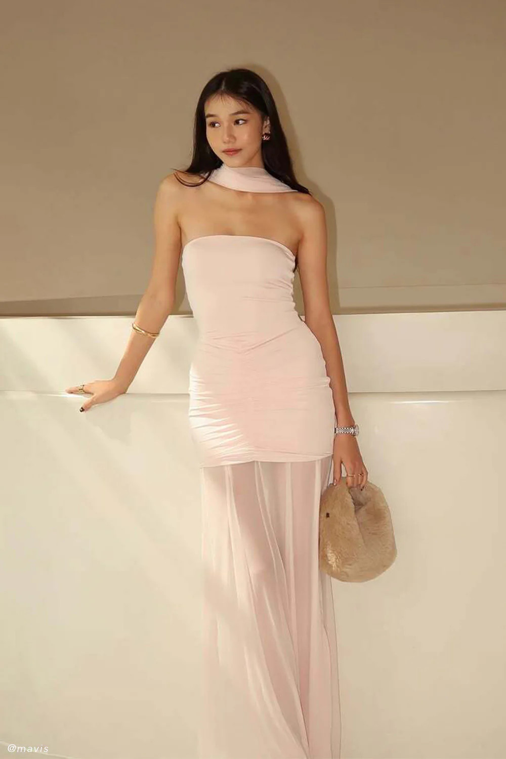 Caspian Slinky And Mesh Off Shoulder Maxi Dress - Pale Pink | Meshki (APAC)