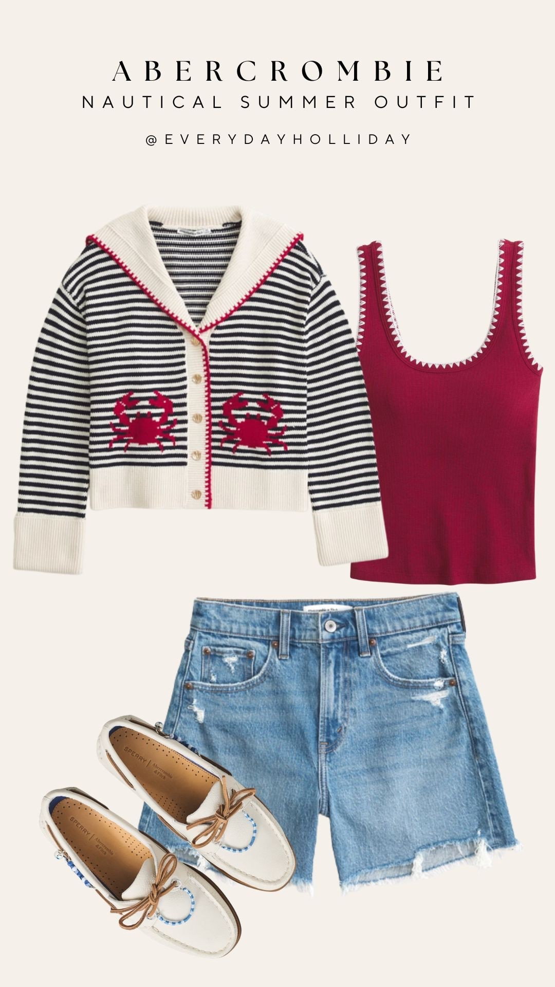 Nautical summer dressing and Abercrombie is delivering 🦀 Striped crab cardigan, burgundy tank, denim shorts, and white Sperry boat shoes — this look is giving every right answer for a coastal summer day. ☀️

#LTKTravel #LTKgrwm #LTKootd