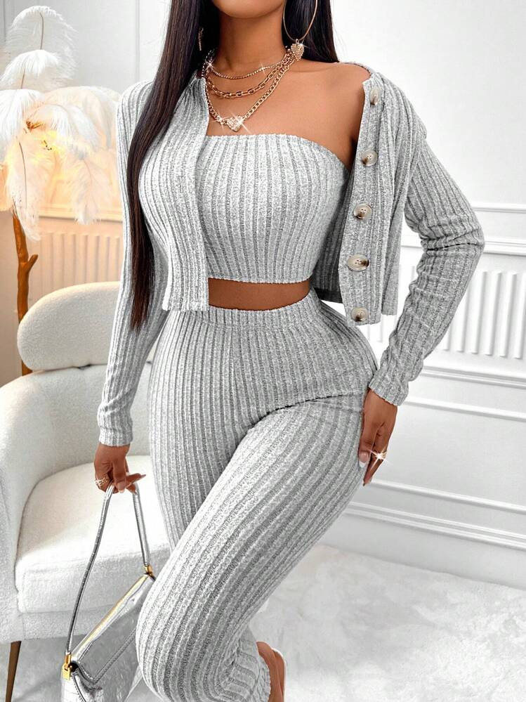 SOLERSUN Women's Solid Color Single-Breasted Long Sleeve Jacket, Camisole Top And Leggings Casual 3pcs Set | SHEIN