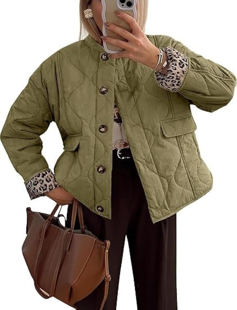 PEHMEA Women's Cropped Quilted Jacket Button Down Coat Leopard Lining Bomber Outerwear with Pocke... | Amazon (US)