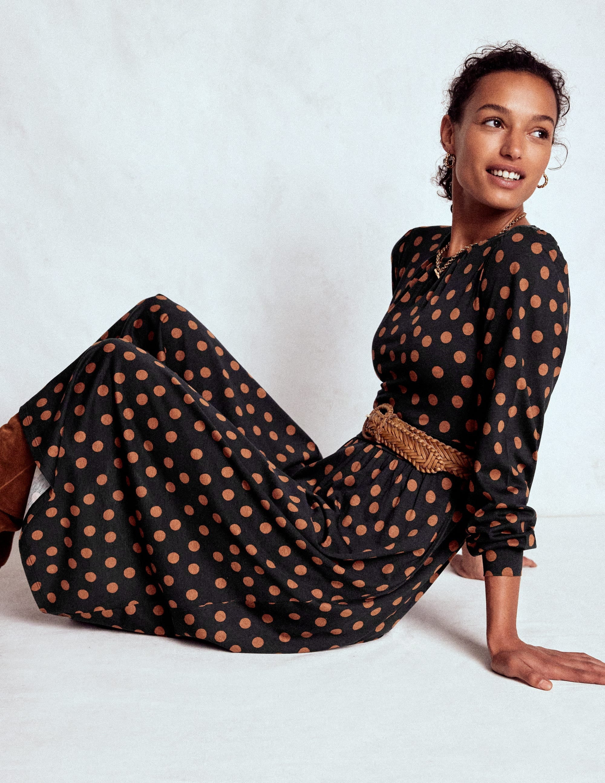 Alexandra Jersey Midi Dress-Black, Tortoise Shell Dot | Boden (US)