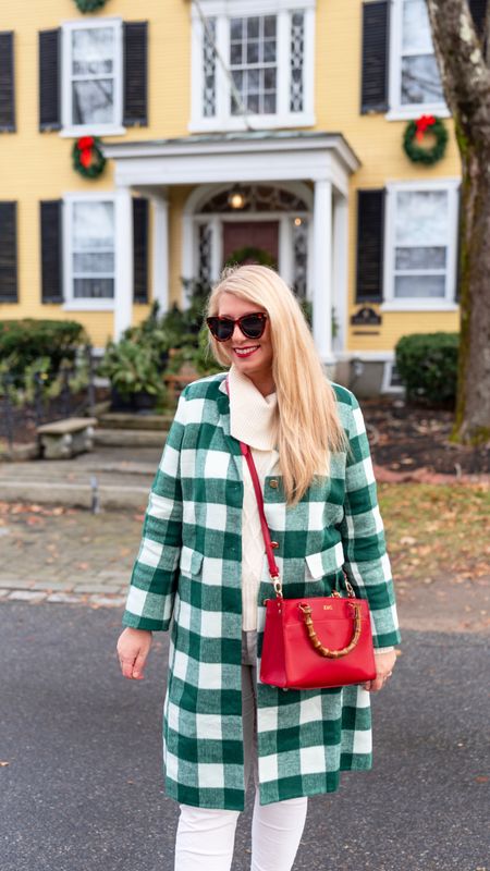 Holiday outfit for all the festive outdoor events. Green & white plaid jacket, cable knit cowl neck sweater, red leather crossbody bag