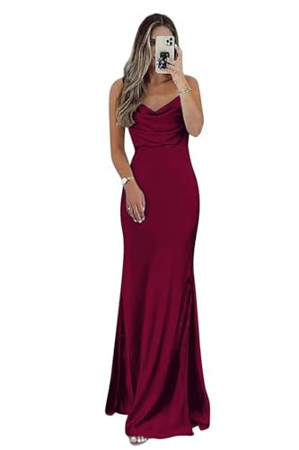 CAZSXIS Satin Bridesmaid Dresses Satin Formal Dress Burgundy Prom Dress for Women Cowl Neck Doublt Slit Wedding Guest Dress Size10 | Amazon (US)