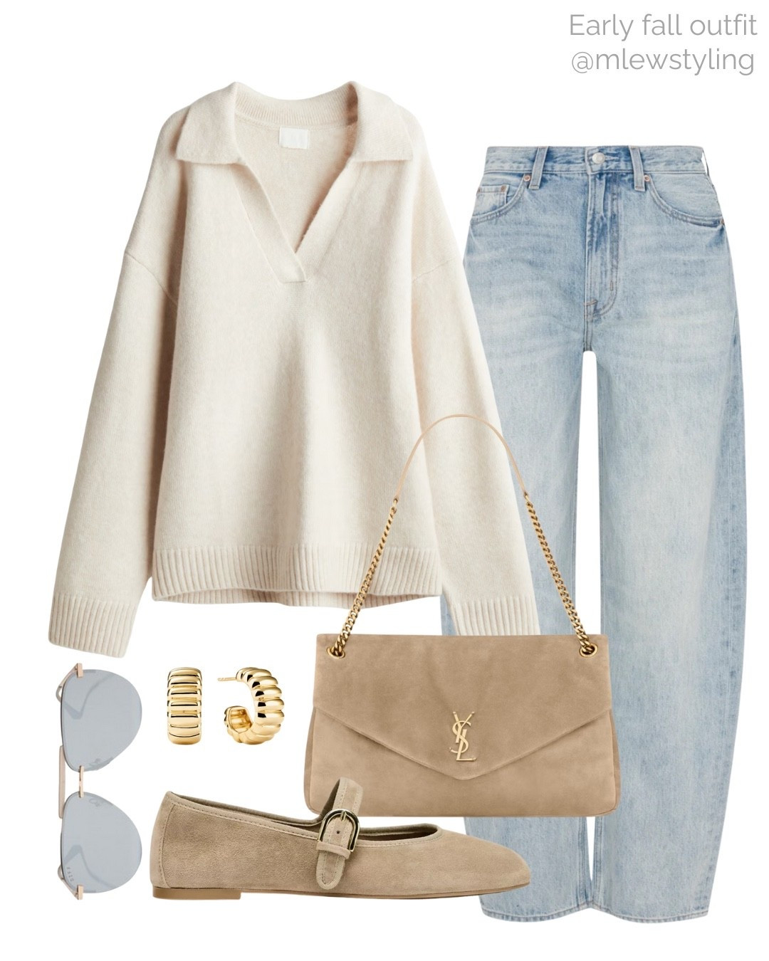 Easy outfit for early fall 🩵

Tags: new in H&M knit collared sweater, suede ballet flats, revolve aviator sunglasses, ysl shoulder bag, pistola denim, barrel leg jeans, back to school, autumn outfit 

#LTKSeasonal #LTKItBag #LTKShoeCrush