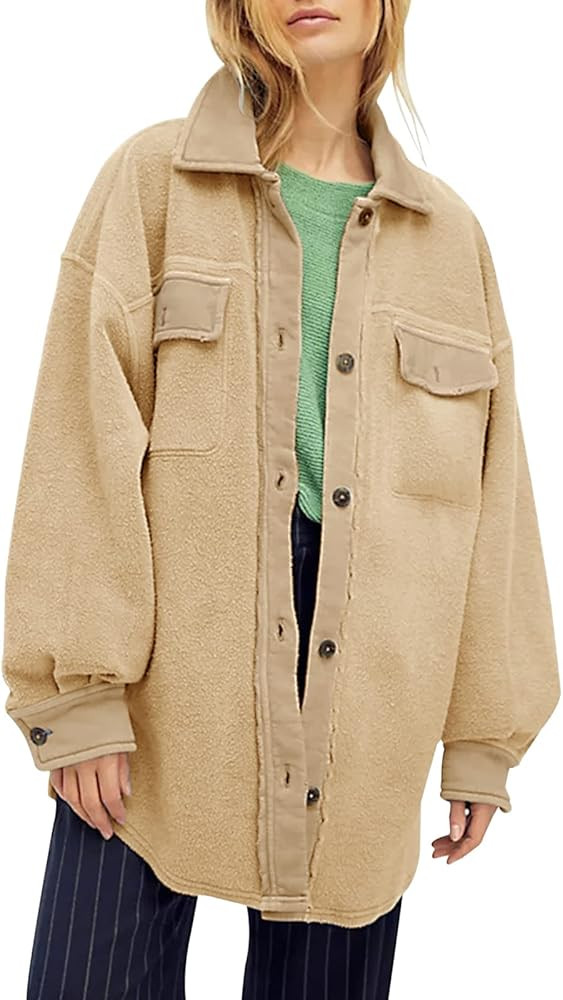Fisoew Womens Oversized Long Sleeve Button Down Shirt Jacket Soft Comfy Casual Shacket Coats with... | Amazon (US)