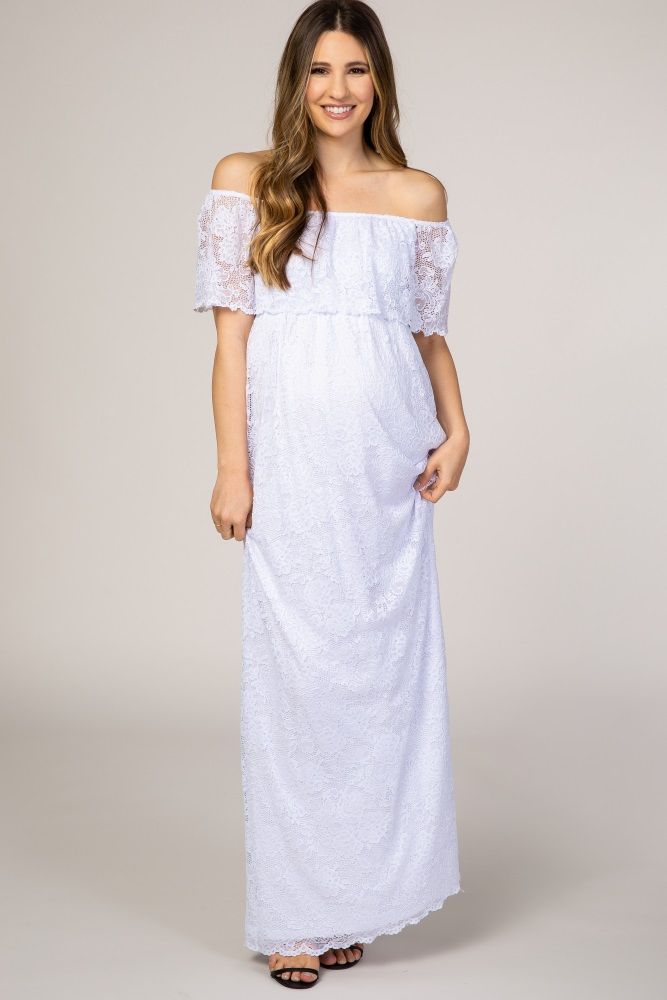 PinkBlush White Lace Off the Shoulder Maternity Maxi Dress | PinkBlush Maternity