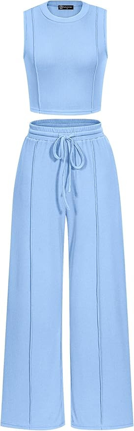 PRETTYGARDEN Women's Summer 2 Piece Loungewear Set Cropped Tank Top Wide Leg Sweatpants Tracksuit... | Amazon (US)