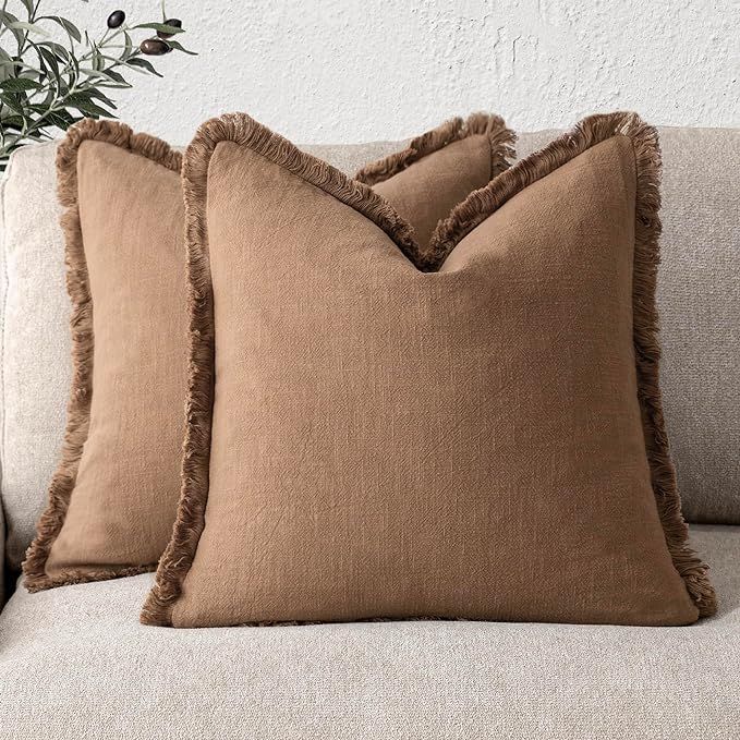 Foindtower Set of 2 Decorative Linen Fringe Throw Pillow Covers Cozy Boho Farmhouse Cushion Cover... | Amazon (US)