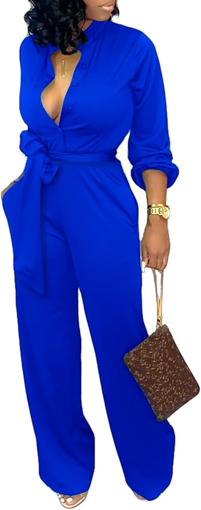 SxClub Jumpsuits for Women Formal Sexy Elegant Long Straight Pants Busineess Party Jumpsuit with ... | Amazon (US)