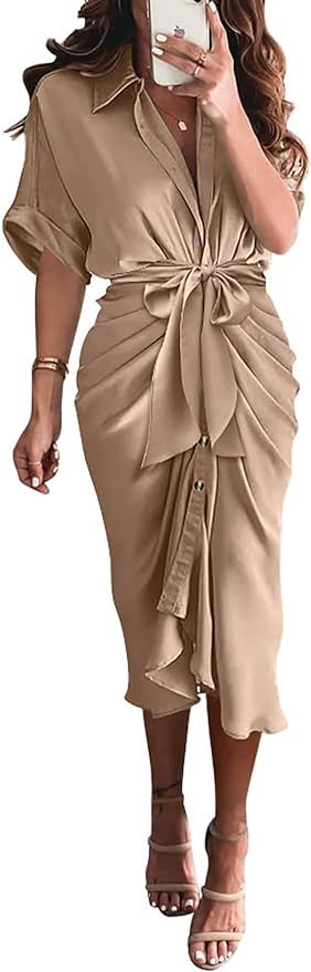 BTFBM Women's Long Sleeve Lapel V Neck Button Down Satin Dresses Elegant Ruched Casual Fall Maxi ... | Amazon (US)
