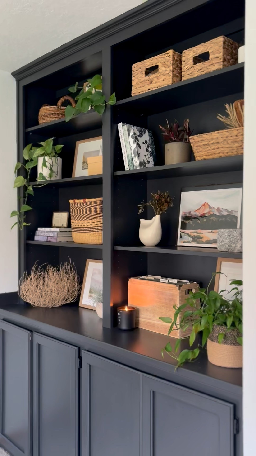 Finished painting the cabinet cabinets and now time to style these black shelves! Couldn’t be more excited, went with neutral organic modern aesthetic. Combining functionality and some of my favorite pieces.

#LTKHome
