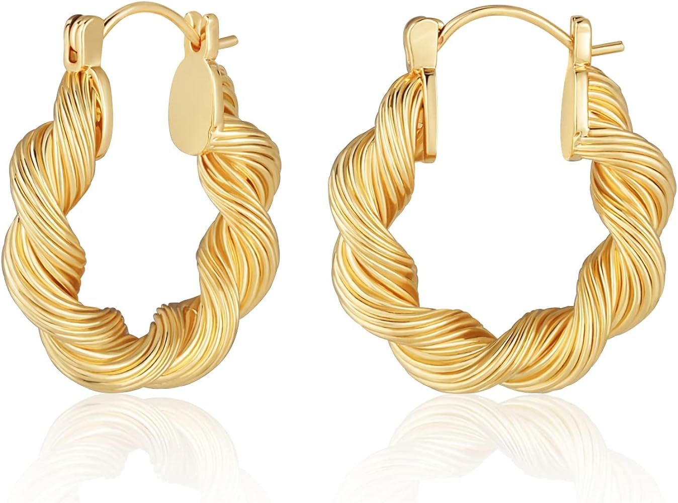 Gold Chunky Hoop Earrings for Women, 18K Gold Plated Hypoallergenic Twisted Thick Roop Round Earr... | Amazon (US)