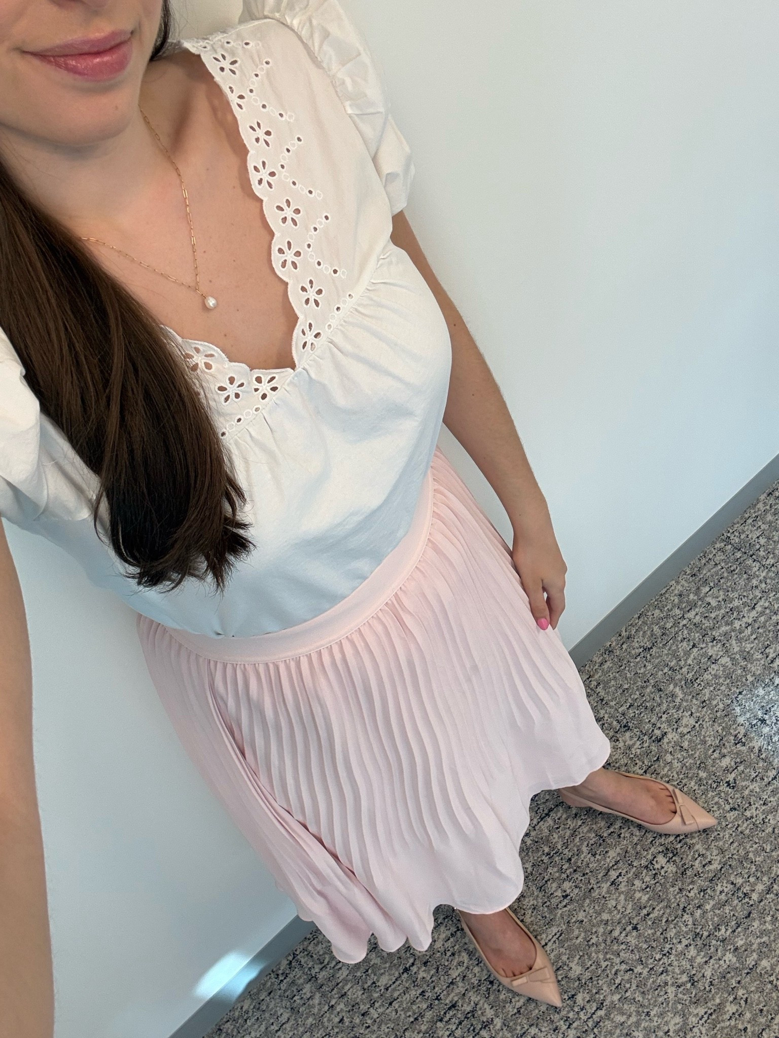 Office style, office outfit, business casual, workwear, business workwear, lawyer, attorney, law firm style, corporate style, spring workwear, spring office style, spring office outfit, pleated skirt, pink pleated skirt, white blouse, nude flat, nude slingback

#LTKootd #LTKSeasonal #LTKWorkwear
