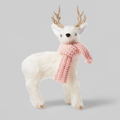Fur Deer with Pink Scarf Decorative Figurine White - Wondershop&#8482; | Target