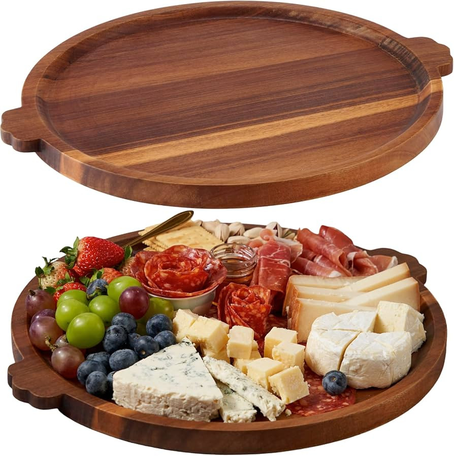 Charcuterie Boards | Acacia Wood Serving Tray with Handles 13'' | Round Decorative Ottoman Coffee... | Amazon (US)