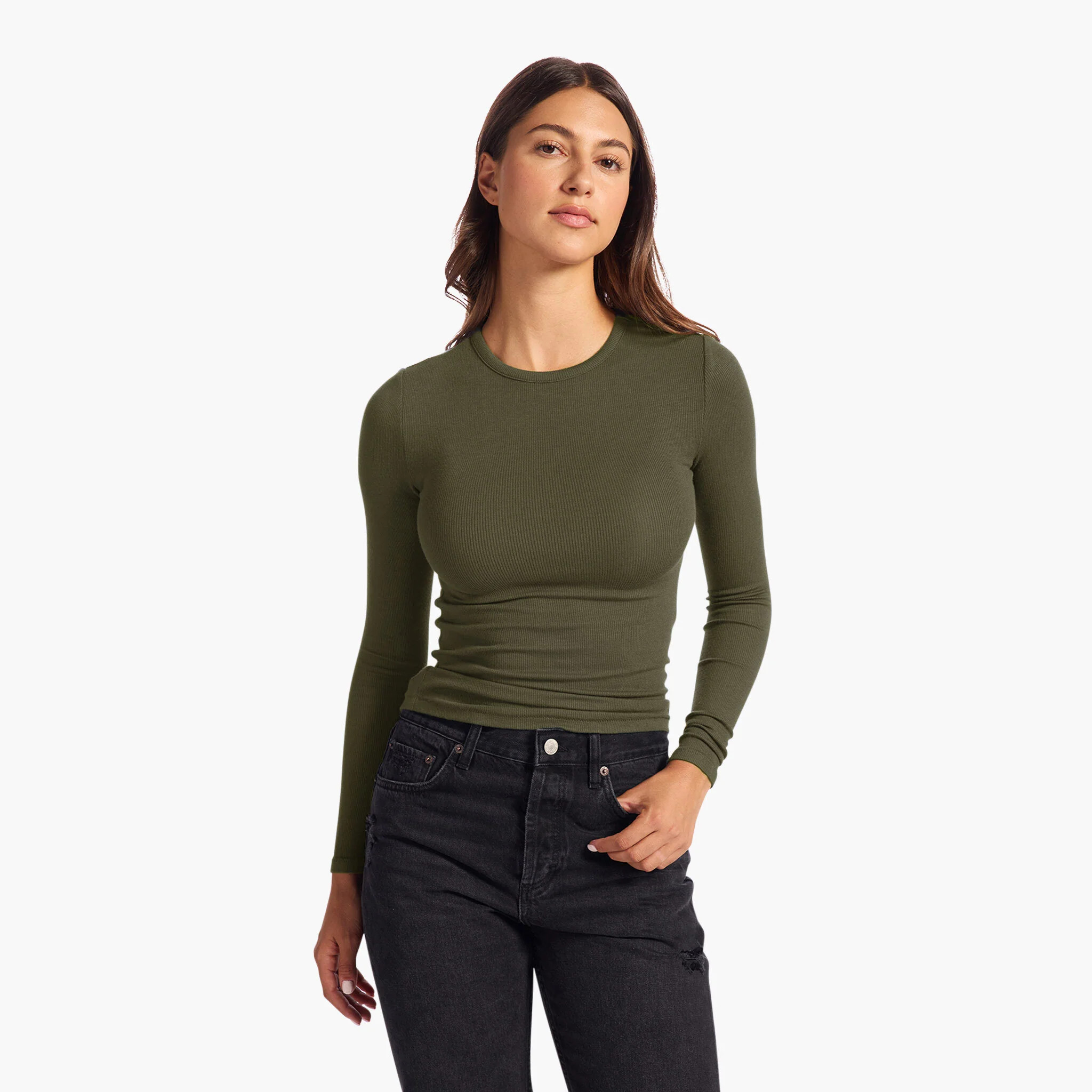Slinky Rib Long Sleeve Shirt | Darkest Olive | Nuuds US