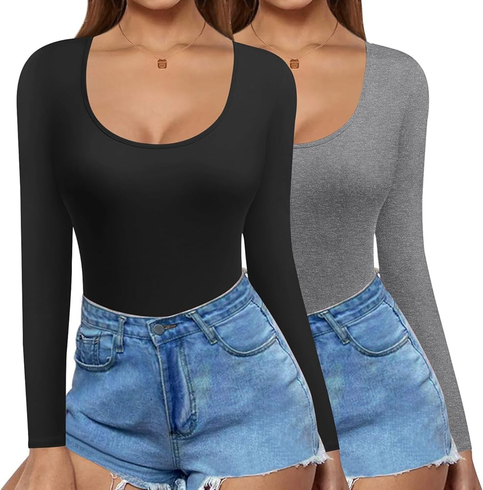 Ekouaer 2 Pack Women's Scoop Neck Tops Long Sleeve Slim Fit T Shirt Thermal Shirts Basic Tight Te... | Amazon (US)