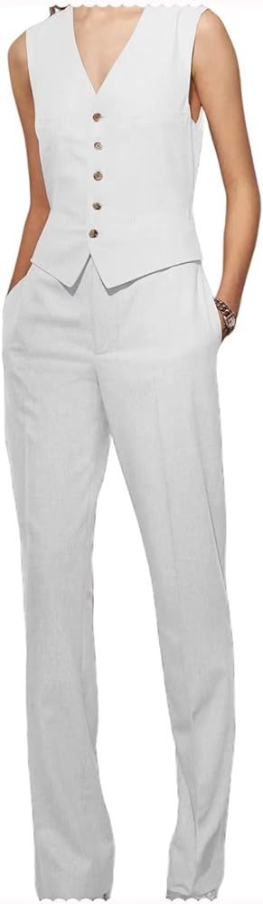 Casual Linen Womens 2 Piece Suits Wedding Prom Waistcoat Custom Summer Linen Vest+Pant | Amazon (US)