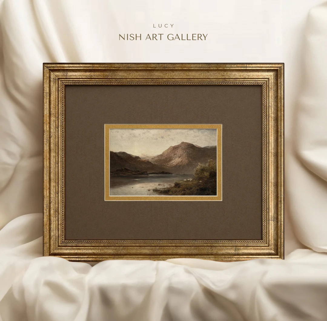 Framed Art With Double Matte, Vintage Mountain Art Print, Gold Framed Wall Art, Brown Gold Matted... | Etsy (US)