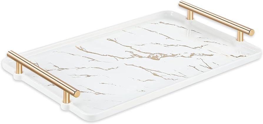 White Serving Tray, Ceramic Ottoman Rectangular Decorative Trays with Gold Metal Handles for Coff... | Amazon (US)