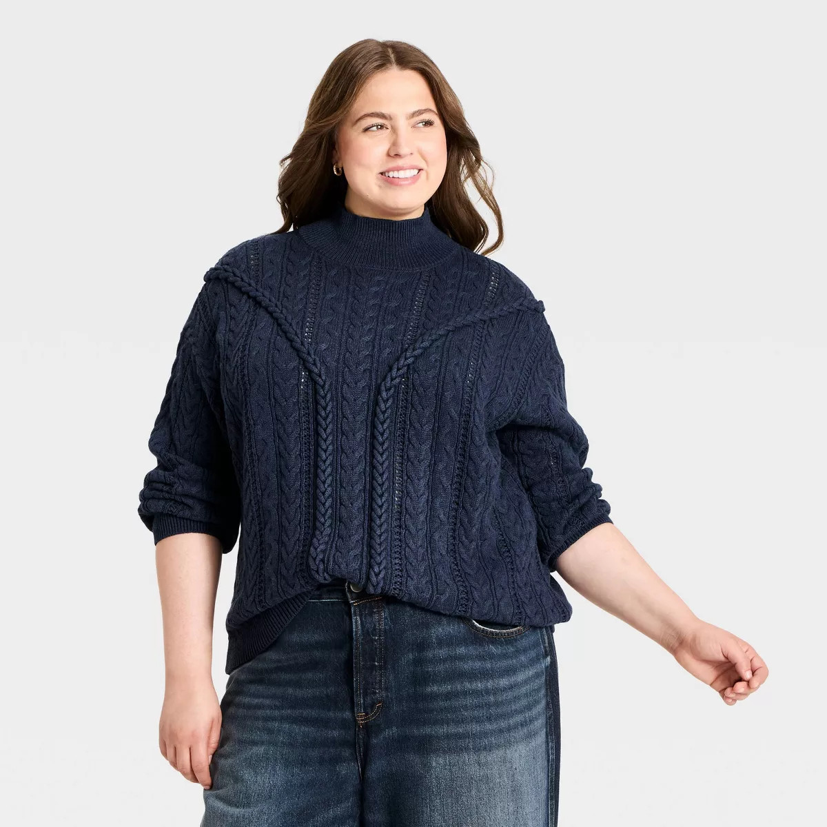 Women's Relaxed Cable Turtleneck Pullover Sweater - Universal Thread\u2122 Navy Blue XXL | Target