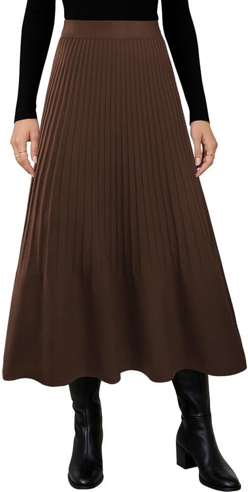 SEAFORM Women's Pleated Knit Maxi Skirts Elastic High Waist A-Line Casual Sweater Skirt Fall Wint... | Amazon (US)