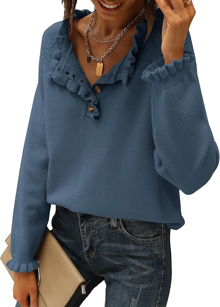 BTFBM Womens Sweaters Fall Winter Clothes 2025 Long Sleeve Button Down Ruffle Crew Neck Casual Kn... | Amazon (US)
