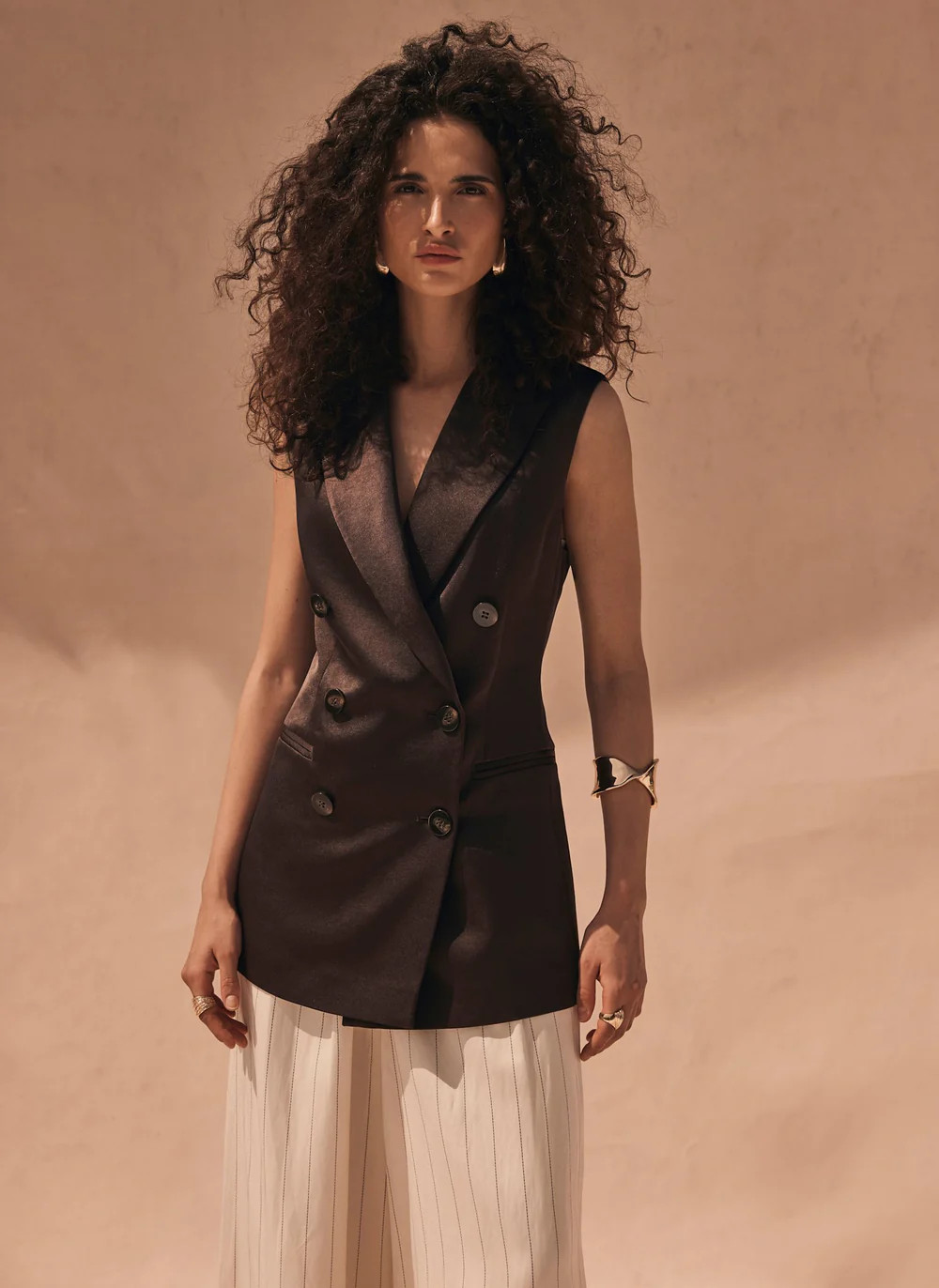 Brown Satin Wrap Longline Waistcoat | Mint Velvet