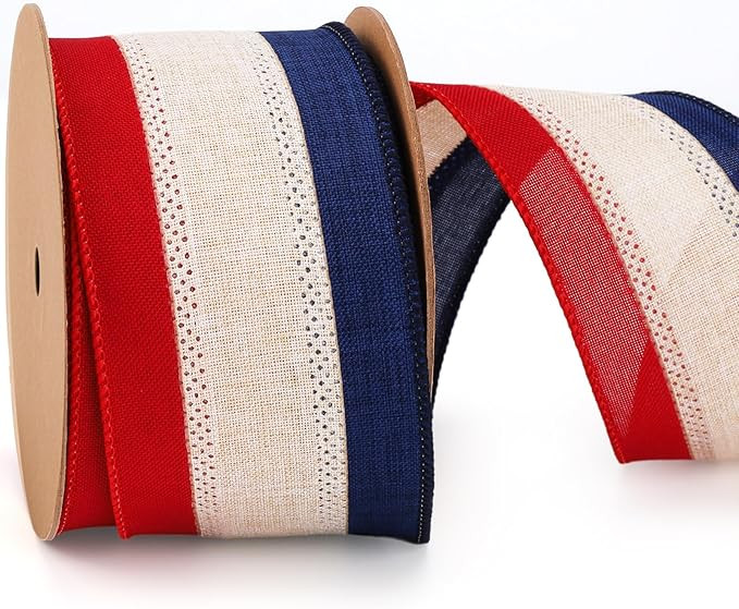 LaRibbons Patriotic Ribbon Wired 2.5 Inch x 10 Yards, Vintage Red White Blue Stripe Burlap Ribbon... | Amazon (US)