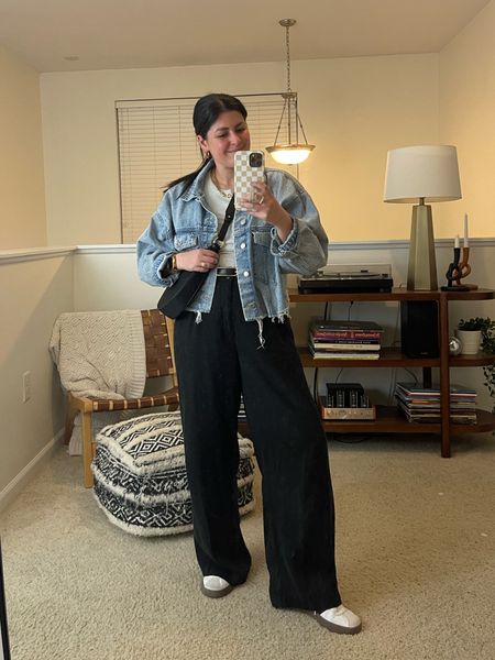 Black trousers (Gentle Fawn) | gray tank top (medium) | denim jacket (similar linked) | black saddle bag | gold necklace | adidas sneakers

Spring outfit, casual outfit, neutral outfit 

#LTKstyletip #LTKmidsize #LTKfindsunder100