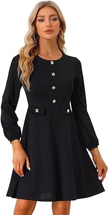 Allegra K Work Office Dress for Women's Contrast Button Decor Long Sleeve Dress | Amazon (US)