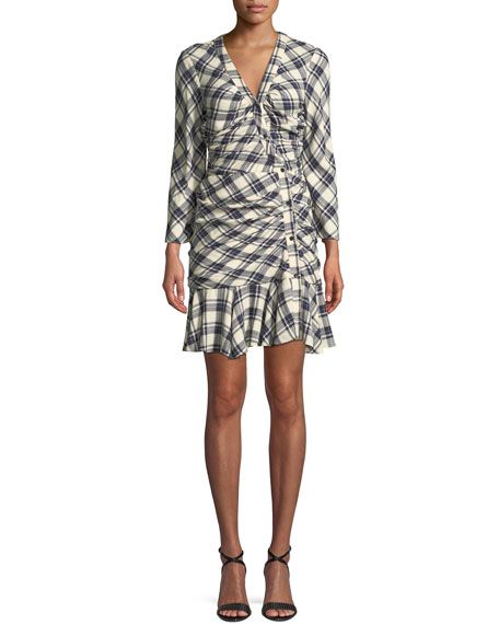 Rowe Button-Front Ruched Check Mini Dress | Neiman Marcus