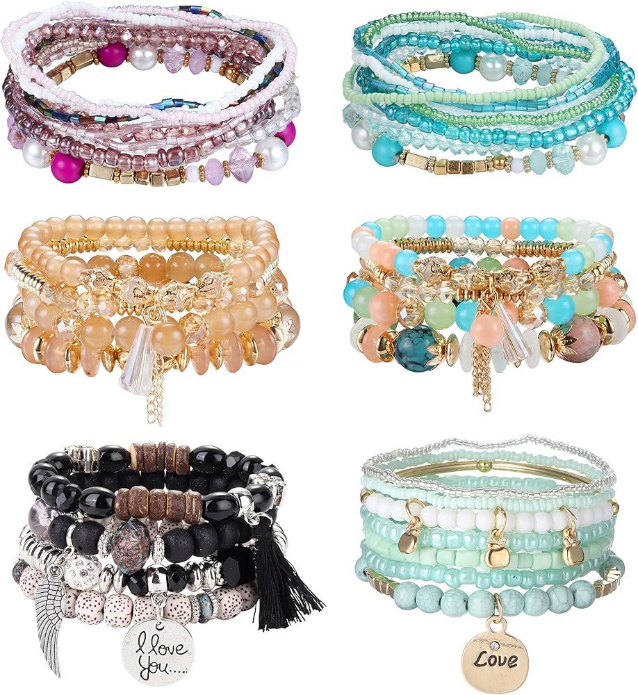 Jstyle Bohemian Stretch Bracelets for Women Multilayered Colorful Stackable Beaded Bracelets with... | Amazon (US)