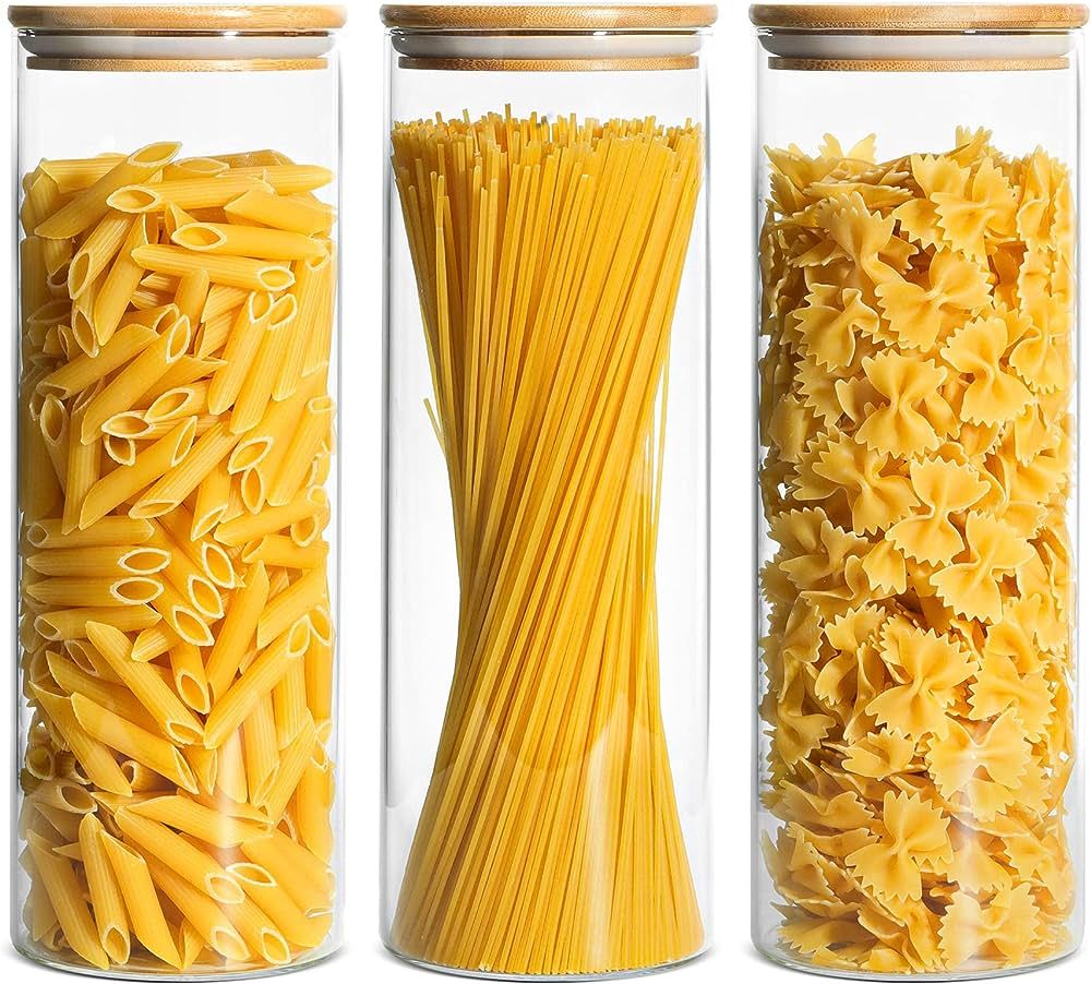 ComSaf Glass Spaghetti Pasta Storage Container with Lids 74oz Set of 3, Tall Clear Airtight Food ... | Amazon (US)