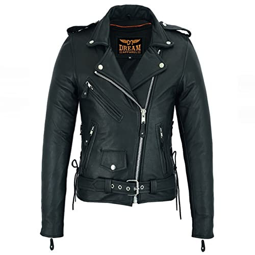 Dream Apparel Women’s Classic Leather Motorcycle Jacket with Zip Out Lining, Biker Jacket for Ladies with Side Laces (Black, Size M) | Amazon (US)