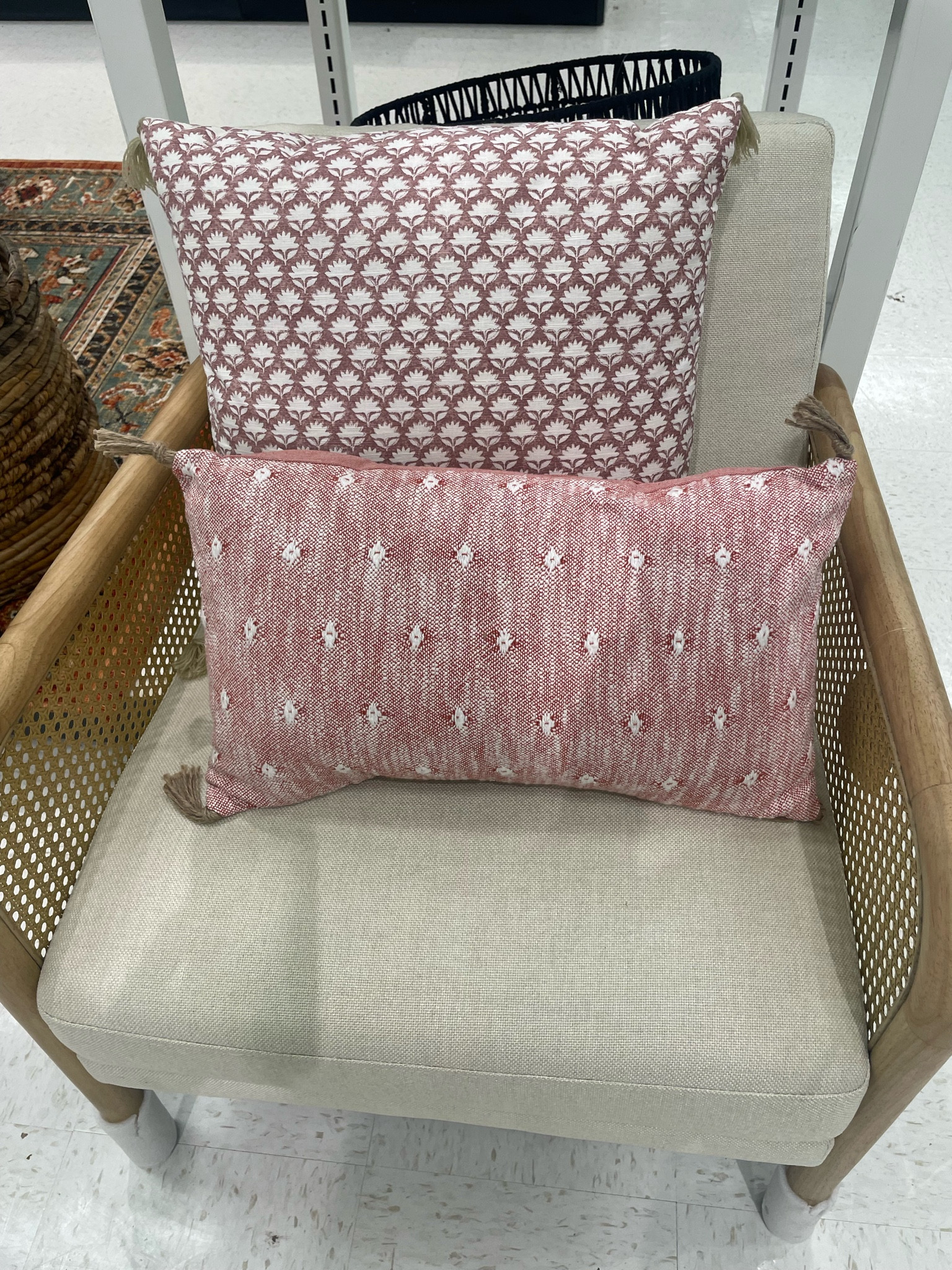 Cane accent chair
Rubberwood frame
Lacquered finish
Removable cushion 
Floral block-print throw pillow 

#LTKSeasonal #LTKhome