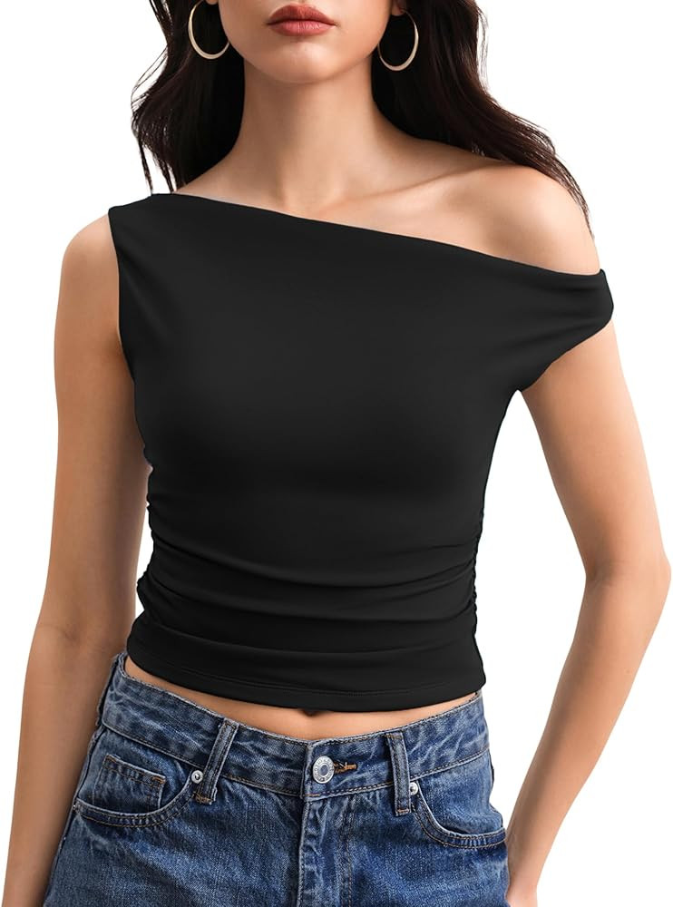 Off The Shoulder Tops for Women Sleeveless Going Out Asymmetrical Ruched Crop Tank Tops Y2K Summe... | Amazon (US)