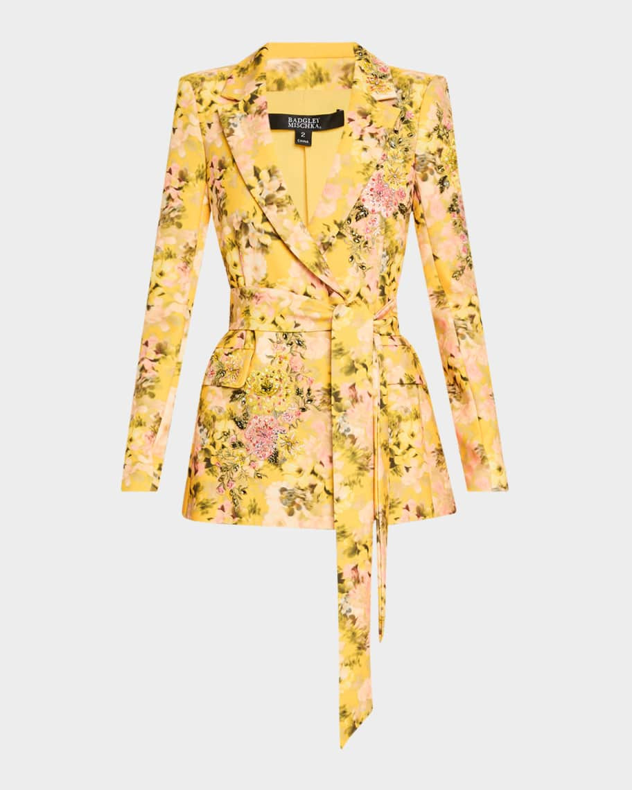 Badgley Mischka Collection Floral-Print Embroidered Jacket | Neiman Marcus