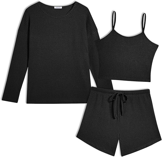 Ekouaer 3 Piece Waffle Knit Lounge Set for Women, Long Sleeve and Cami Top with Shorts Pajama Set... | Amazon (US)