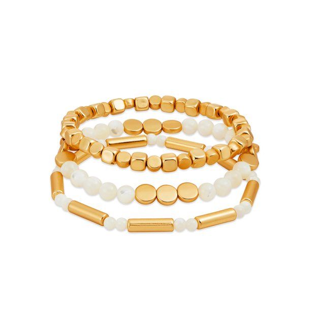 Scoop 14K Gold Flash-Plated Genuine Stone Bead Bracelet, 3-Piece Set | Walmart (US)