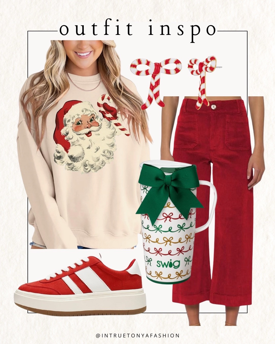 Holiday outfit idea with a Santa graphic sweatshirt, red velvet pants, red sneakers and bow earrings





Teacher Christmas outfit 
Teacher outfit 
Festive holiday outfit 
Holiday party outfit 
Christmas Eve 
Christmas Day outfit idea 

#LTKHoliday #LTKFindsUnder50 #LTKSeasonal